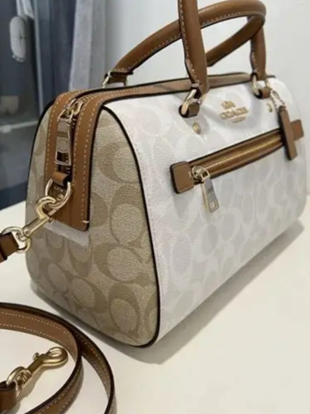 Coach Rowan satchel glacier Signature coated canvas with smooth leather detail